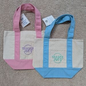 Trader Joe's Mini Canvas Tote Bags Set Of 2 - Pink And Baby Blue BNWT